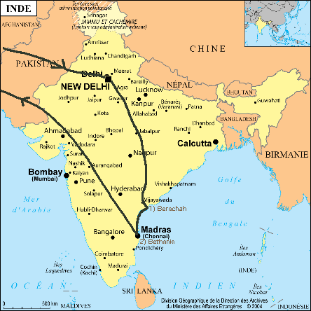 carte d'inde avec le indications du voyage de Dominique